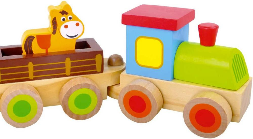 BINO DŘEVO Baby vláček set mašinka + 2 vagonky se zvířátky pro miminko