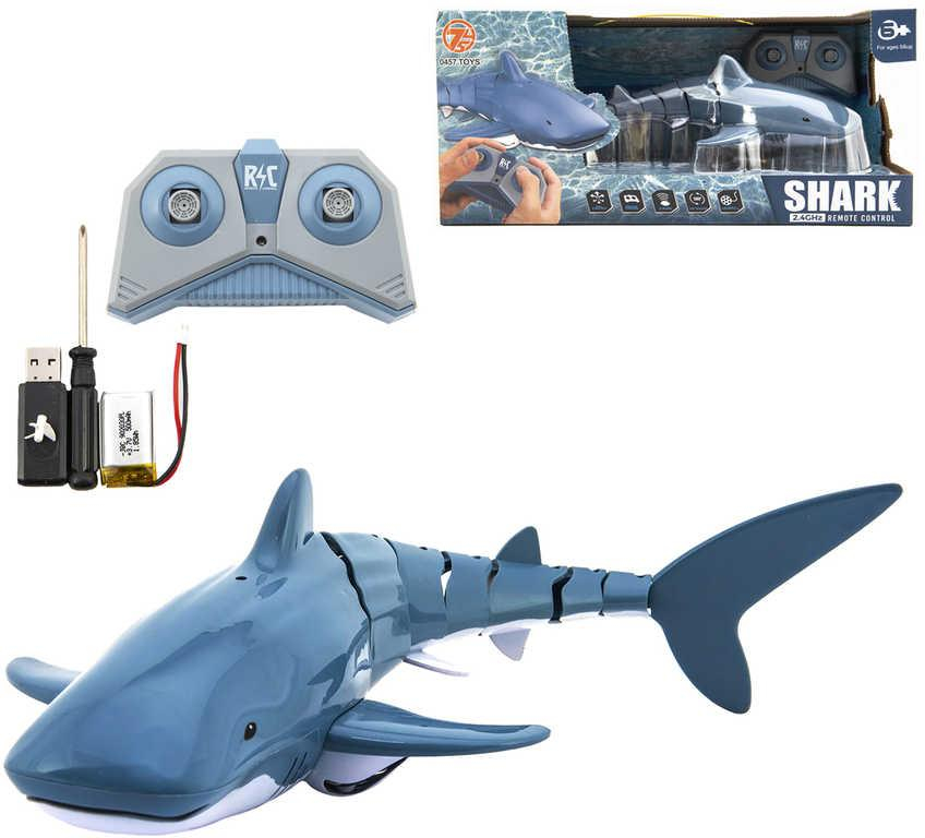 RC Žralok 35cm do vody na vysílačku 2,4GHz plave na baterie USB v krabici