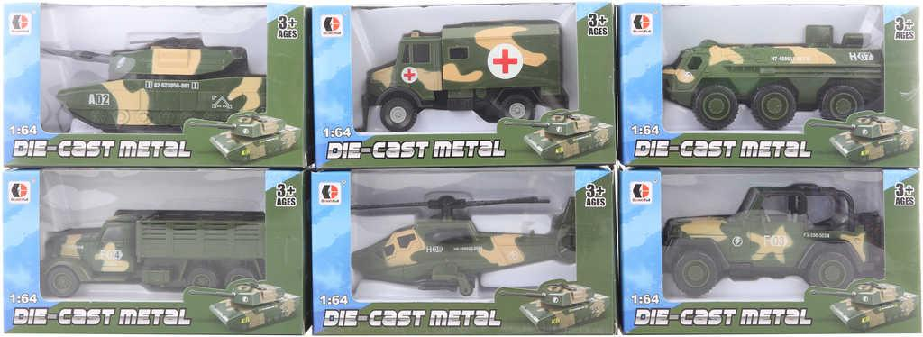 Auto army kovové 13cm vojenské vozidlo / vrtulník 6 druhů v krabici