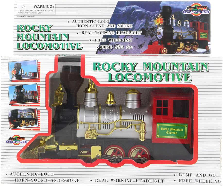 Lokomotiva retro historická narážecí kouřící 22cm na baterie Světlo Zvuk plast