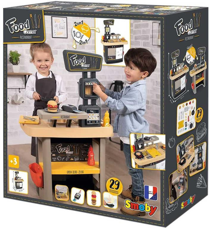 SMOBY Food corner herní set s doplňky 29ks kuchyňka + restaurace 2v1