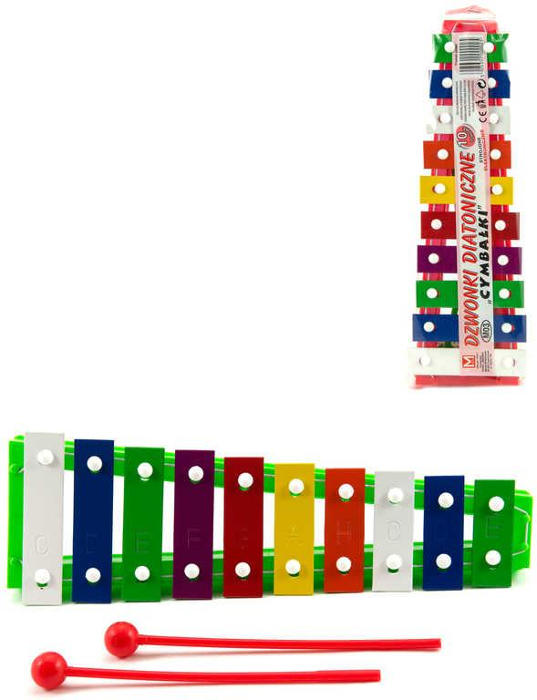Xylofon dětský 26cm kov/plast + 2 paličky 10 kláves 4 barvy *HUDEBNÍ NÁSTROJE*