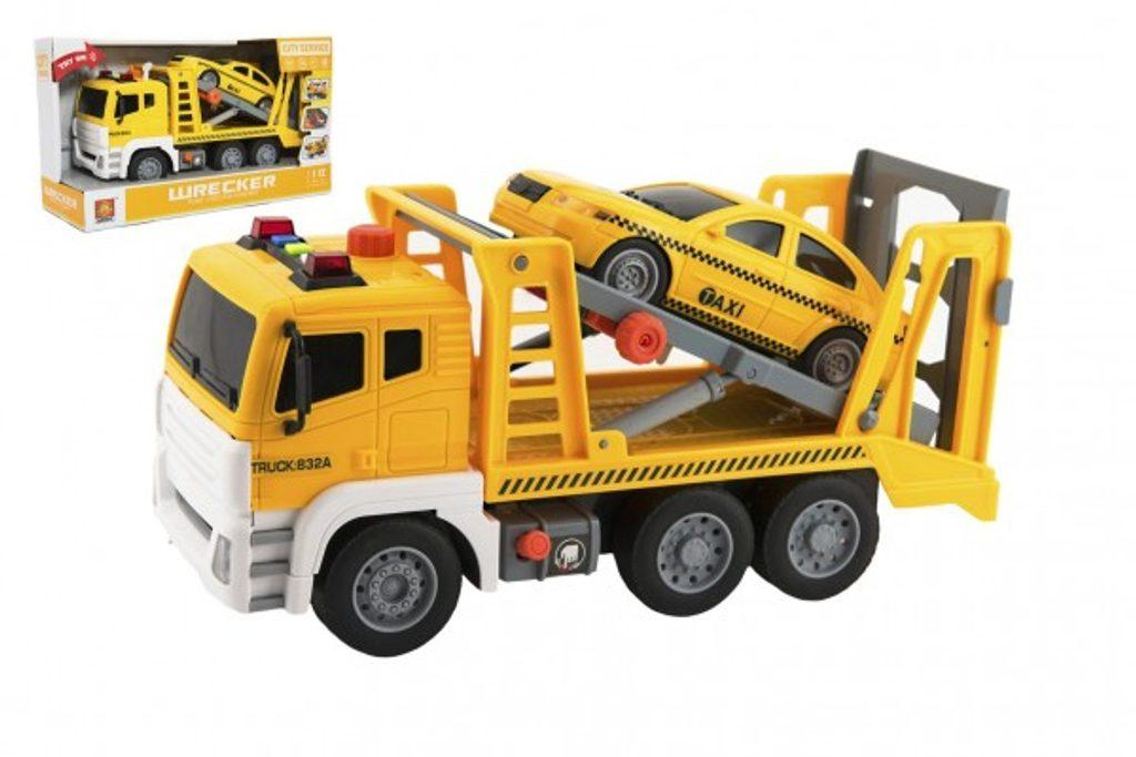 Auto kamion přepravník+1 auto plast na setrvačník na bat. se zvukem se světlem v krabici 36x21x14