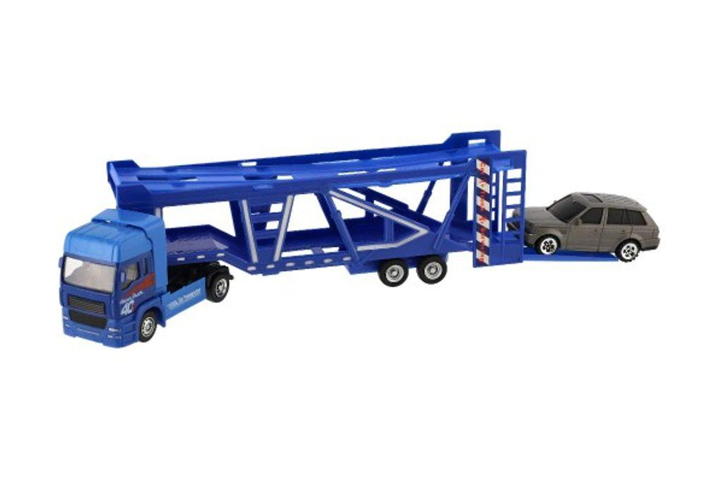 Auto kamion přepravník + auto kov/plast 32cm na volný běh v krabici 36x11x6cm