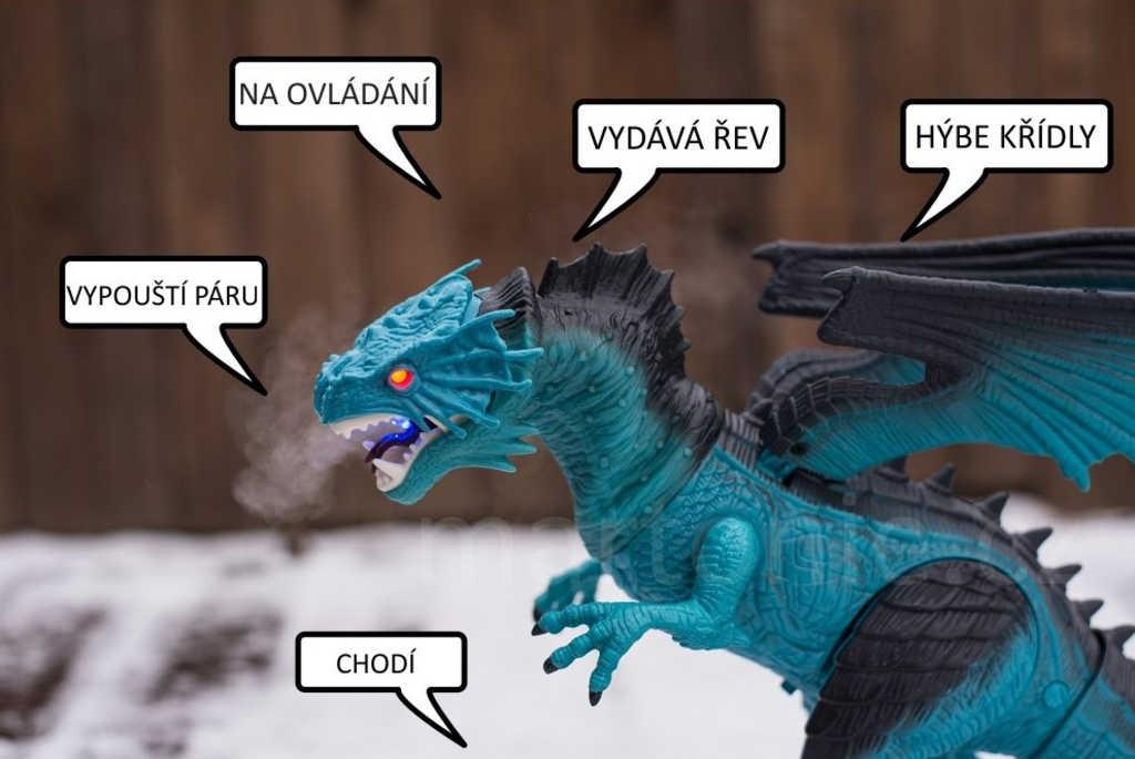 MAC TOYS RC Ledový drak na vysílačku chrlí páru chodí na baterie Světlo